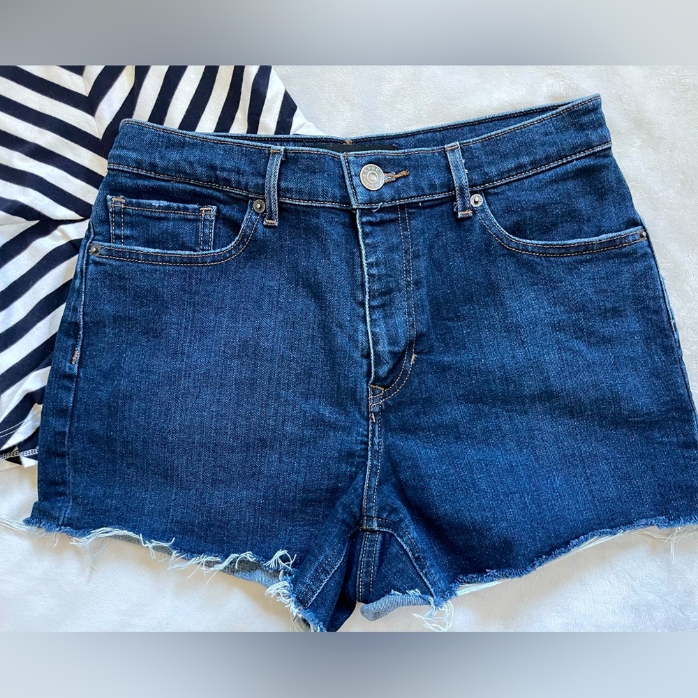 Express Cutoff Denim Shorts | High Rise| Dark Blue | Frayed Hem |